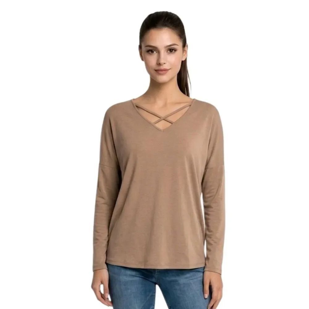 Active USA Heathered Tan V-neck Crisscross Drop Sleeve Stretchy Top Size L